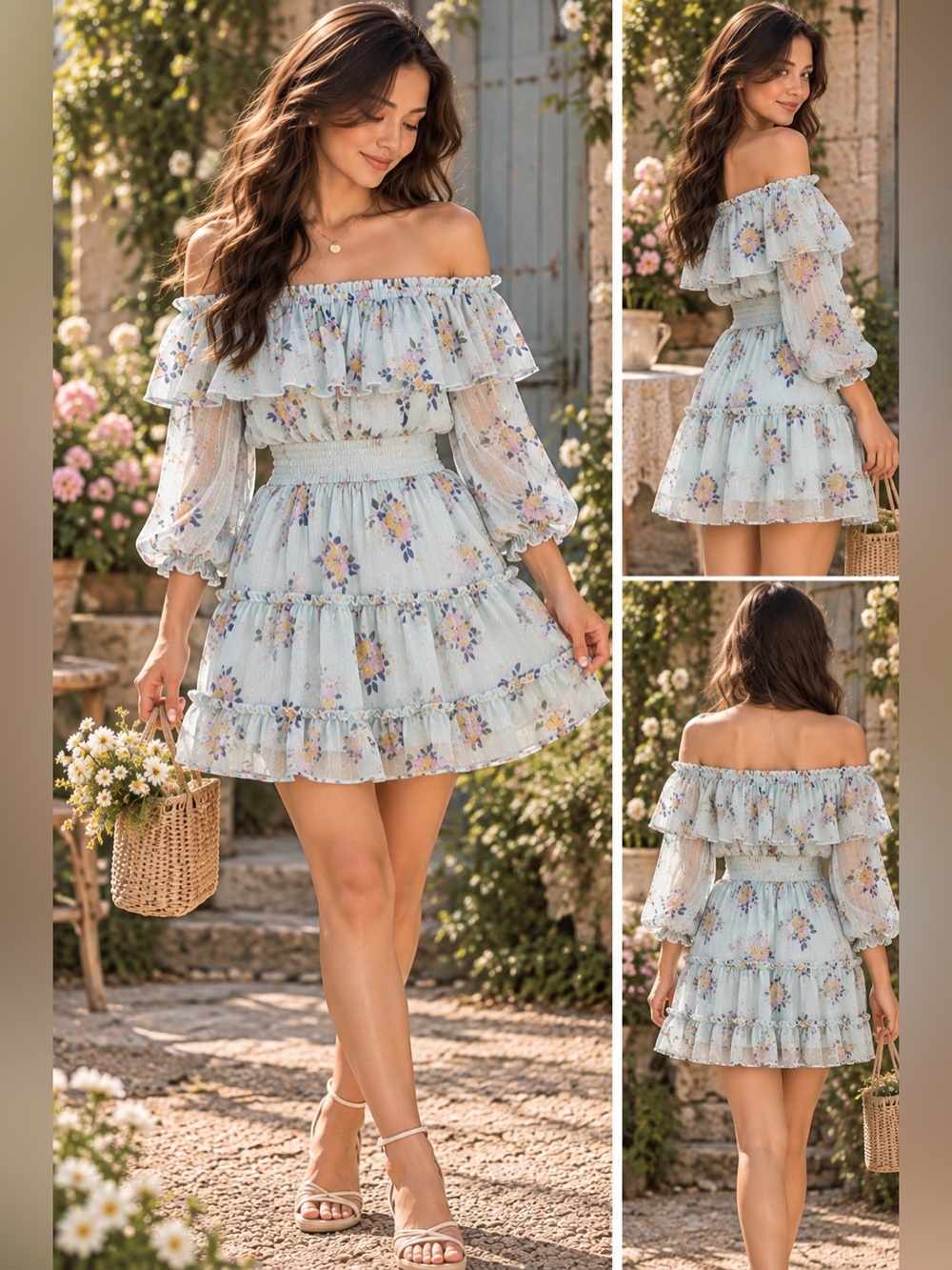 Shoshanna Bethea Silk Striped Floral Off-Shoulder Dress Size 6
